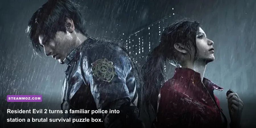 Resident Evil 2 remake screenshot showing a dark hallway inside the Raccoon City Police Department