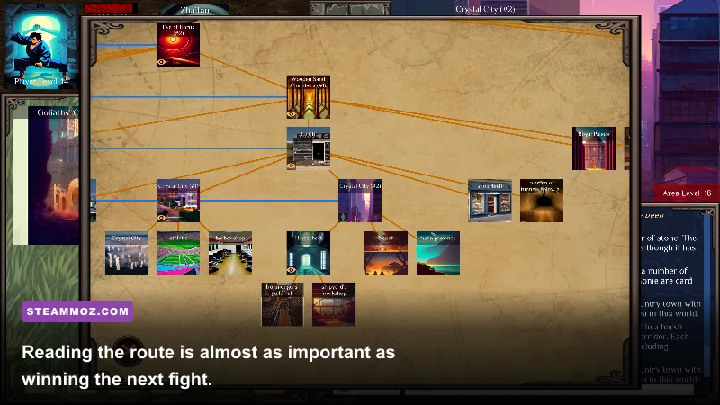 Absolum branching roguelite map showing combat shops and reward routes