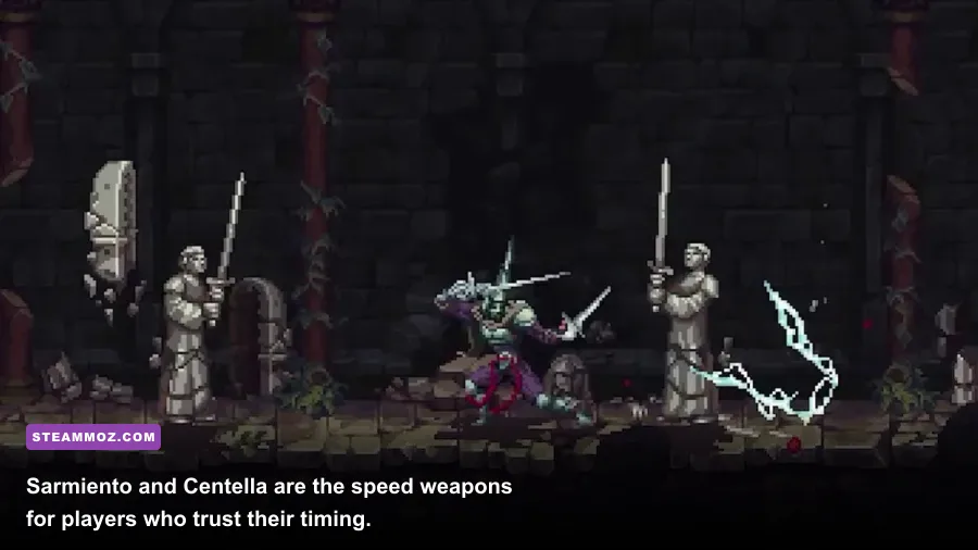 Blasphemous 2 Sarmiento and Centella rapiers striking an enemy