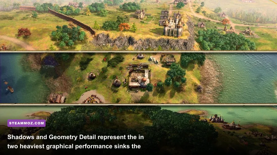 Close-up of village buildings and unit shadows in Age of Empires