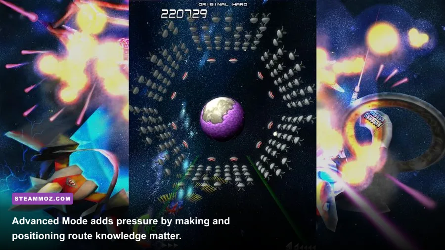 Eschatos Advanced Mode showing dense bullet patterns and enemy formations