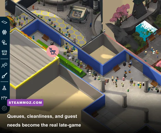 Indoorlands guests waiting in ride queues beside shops and staff facilities