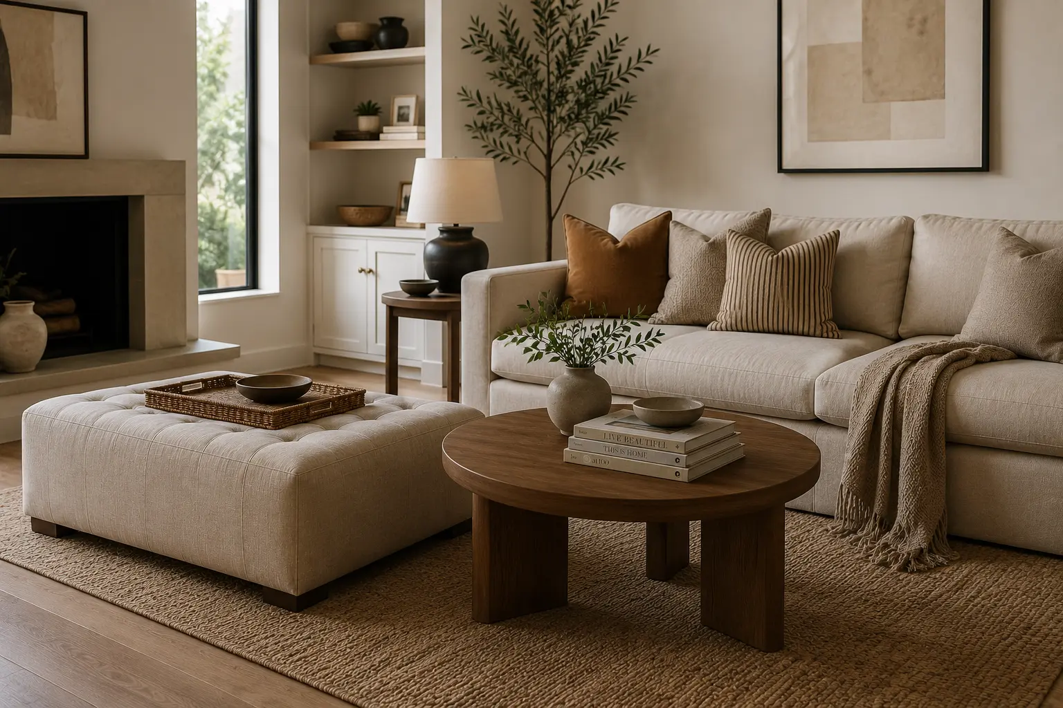 Living room featuring both a small coffee table and an upholstered ottoman styled together