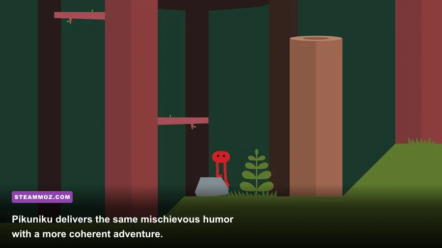 Pikuniku gameplay showing the red character solving a playful puzzle