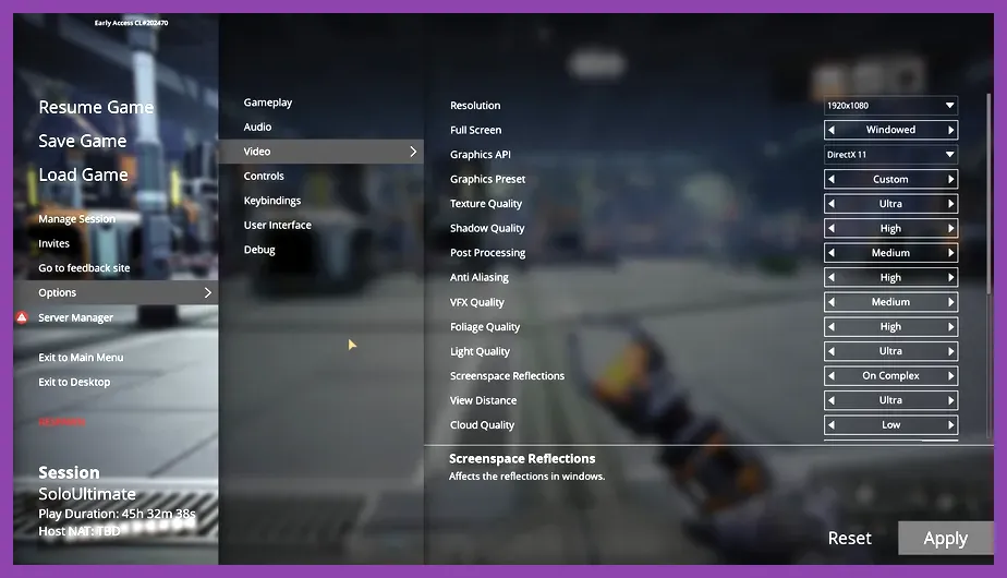 Satisfactory PC graphics settings showing rendering and performance options