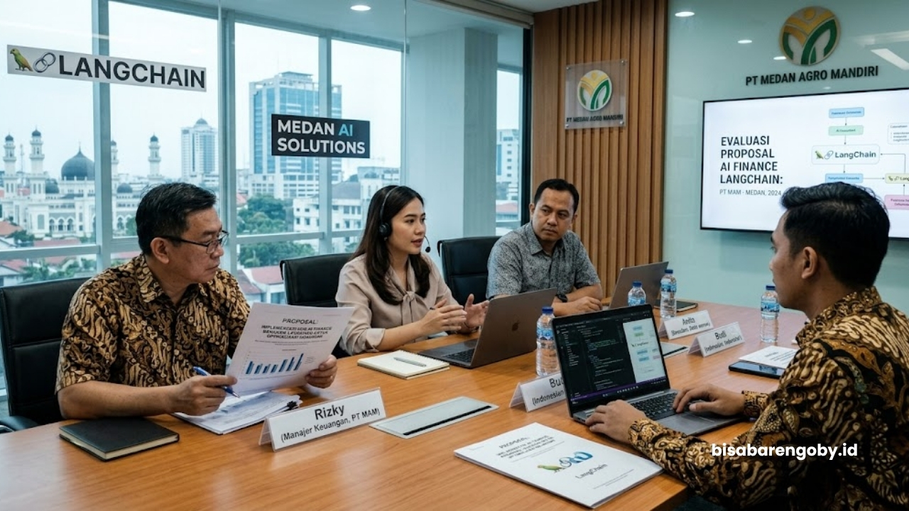 Manajer keuangan mengevaluasi proposal konsultan AI Finance untuk perusahaan di Medan berbasis LangChain