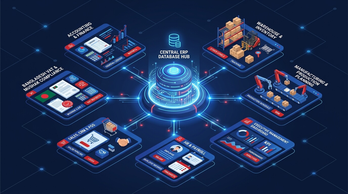 Best ERP Software Bangladesh 2026 - Central Database Ecosystem connecting Accounting, Inventory, Sales, HR, Manufacturing and VAT Mushak
