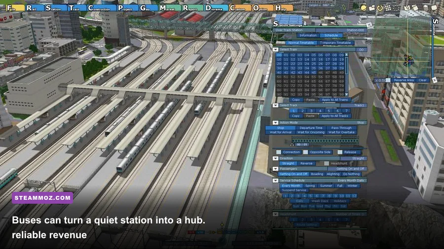 A-Train 9 V5.0 bus routes feeding passengers into a railway station