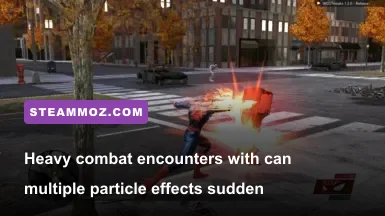 Spider-Man dodging enemy attacks with particle effects on a rooftop battle in PC version