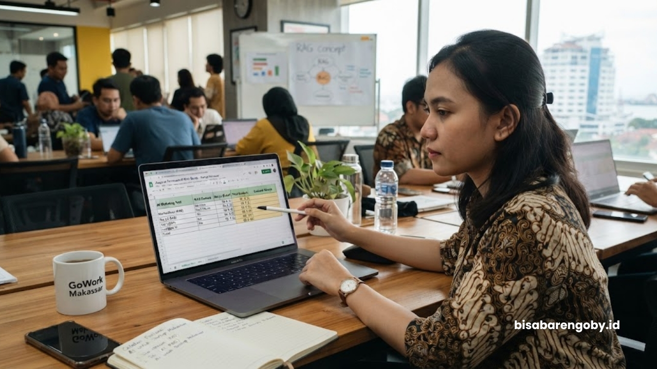 Manajer pemasaran mengevaluasi alokasi anggaran saat mencari harga AI Marketing untuk startup di Makassar berbasis RAG