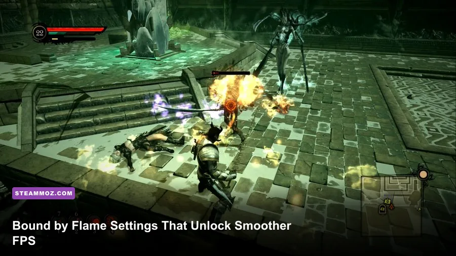 Bound by Flame protagonist fighting enemies in a fiery fantasy environment