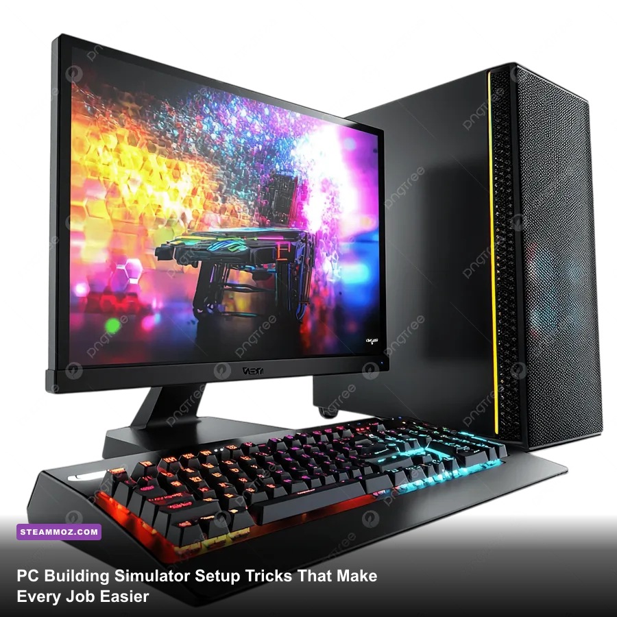 PC Building Simulator workshop showing a custom gaming PC on the workbench