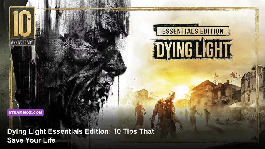 Dying Light Essentials Edition survivor overlooking Harran rooftops at sunrise