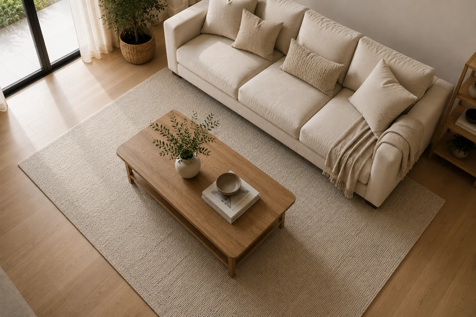 Perfectly spaced coffee table and sofa in a modern living room showing the ideal 18 inches of comfortable clearance