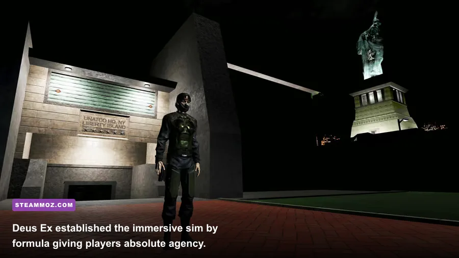 JC Denton approaching the ruined Statue of Liberty in Deus Ex