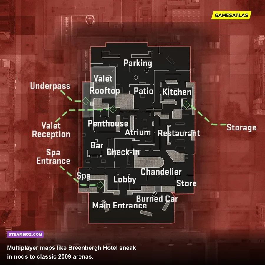 Interior corridors of Breenbergh Hotel featuring developer easter eggs