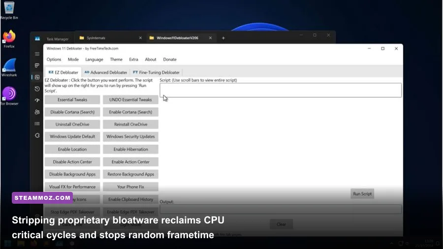 System debloat script running on a Windows gaming PC