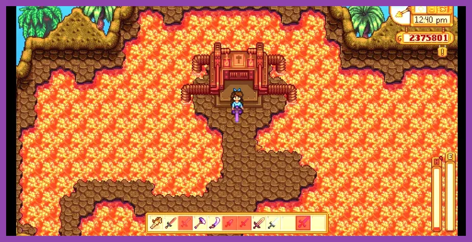 Stardew Valley farmer attacking Volcano Dungeon enemies with an Infinity Dagger
