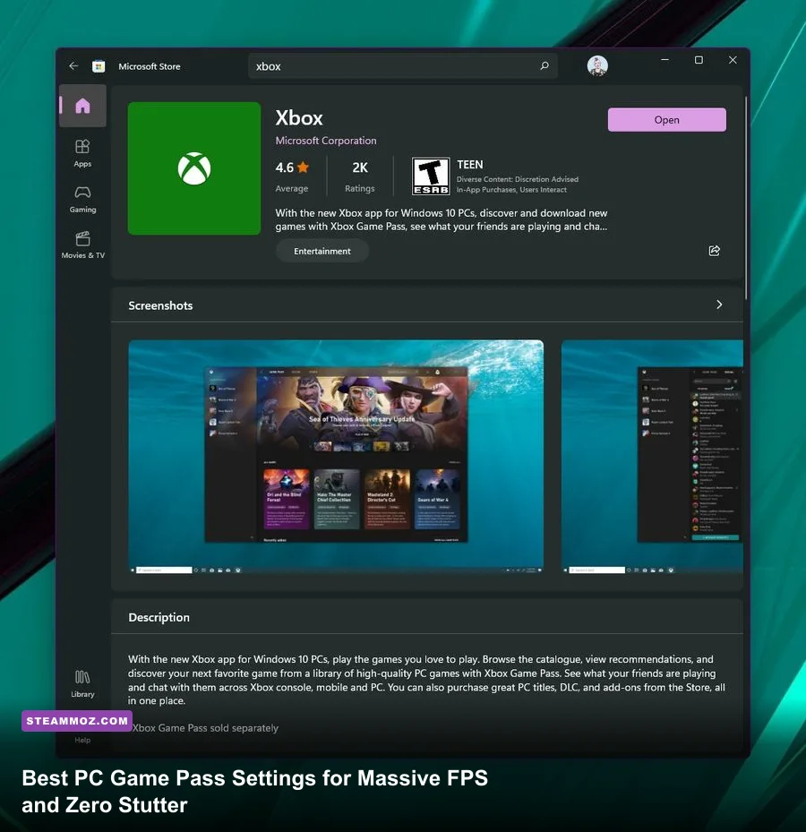 Xbox PC Game Pass desktop dashboard displaying modern game library