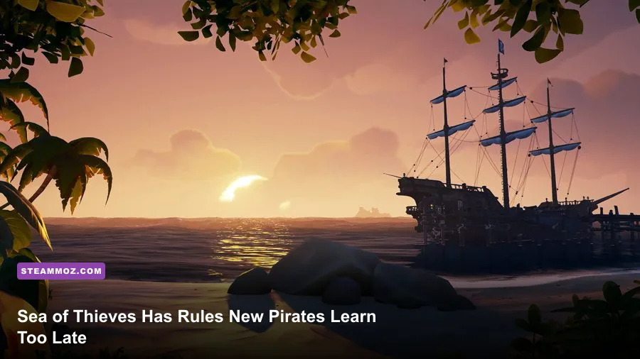 A Sea of Thieves galleon sailing across the ocean at sunset