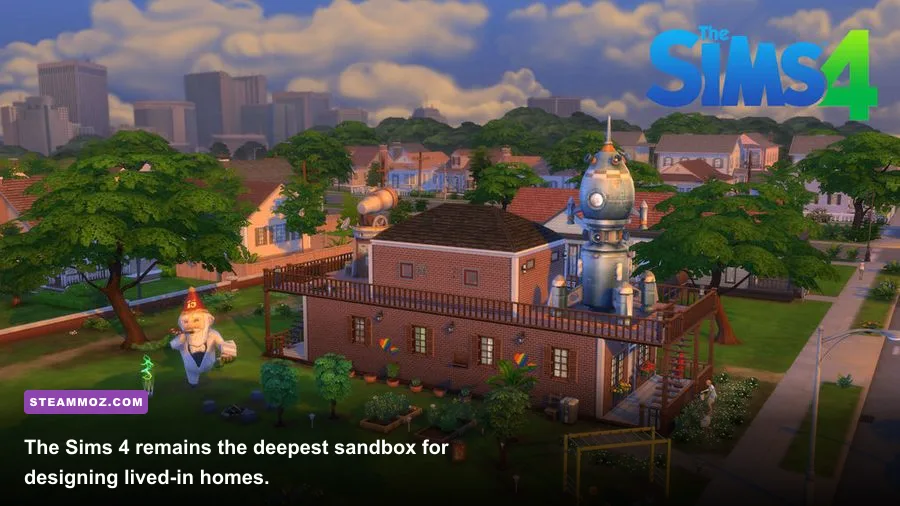 The Sims 4 Build Mode modern house with detailed floor plan and furnishings