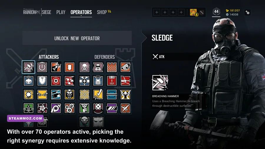 Rainbow Six Siege operator selection screen displaying dozens of tactical characters