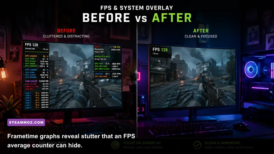 Knightica gameplay with an on-screen PC performance overlay showing FPS and frametime