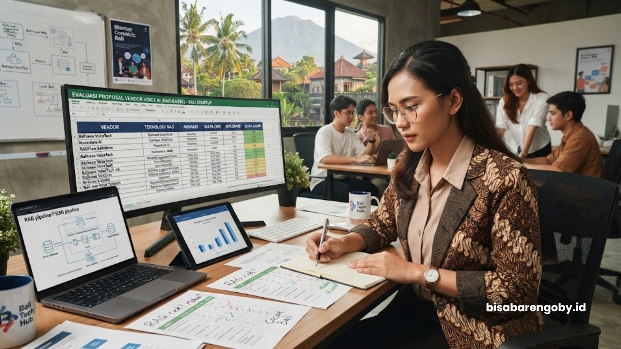 Manajer operasional mengevaluasi proposal pengadaan saat menyeleksi vendor Voice AI untuk startup di Bali berbasis RAG