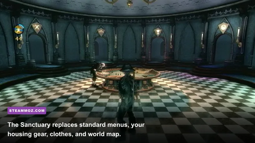The Hero examining weapons in the 3D Sanctuary armory with Jasper