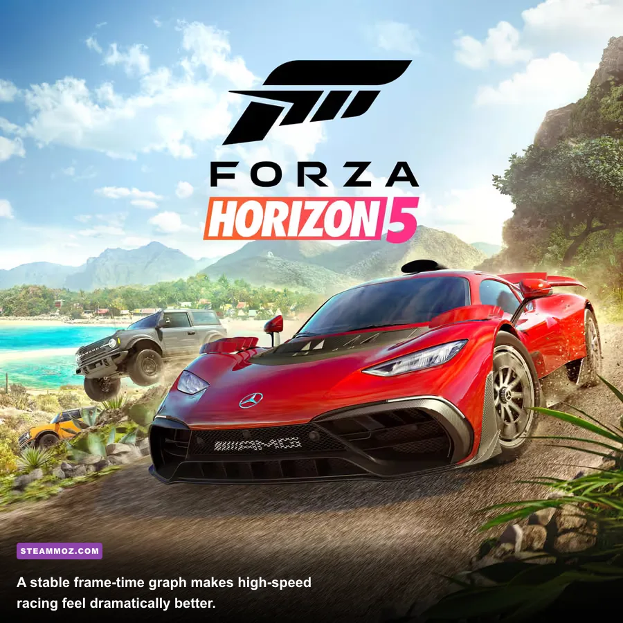 Forza Horizon 5 Steam PC race at sunset with a controller