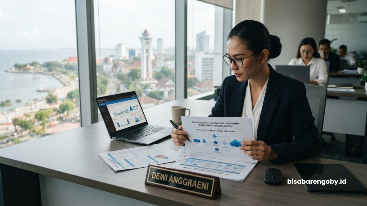 Manajer keuangan meninjau proposal jasa AI Accounting untuk UMKM di Makassar berbasis Azure AI