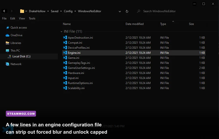 Text editor adjusting Unreal Engine configuration values for FOV and anti-aliasing
