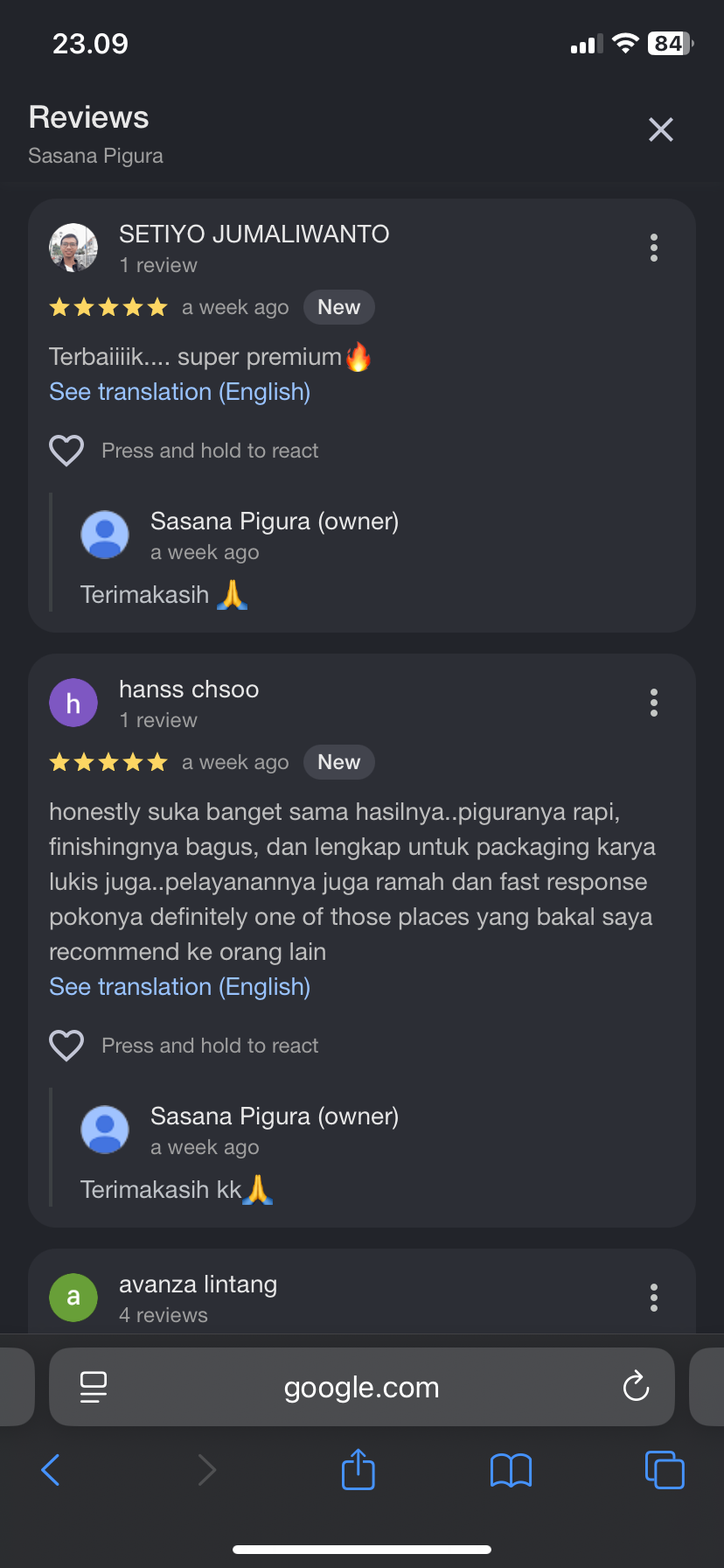 Screenshot testimoni WhatsApp customer Sasana Pigura 7