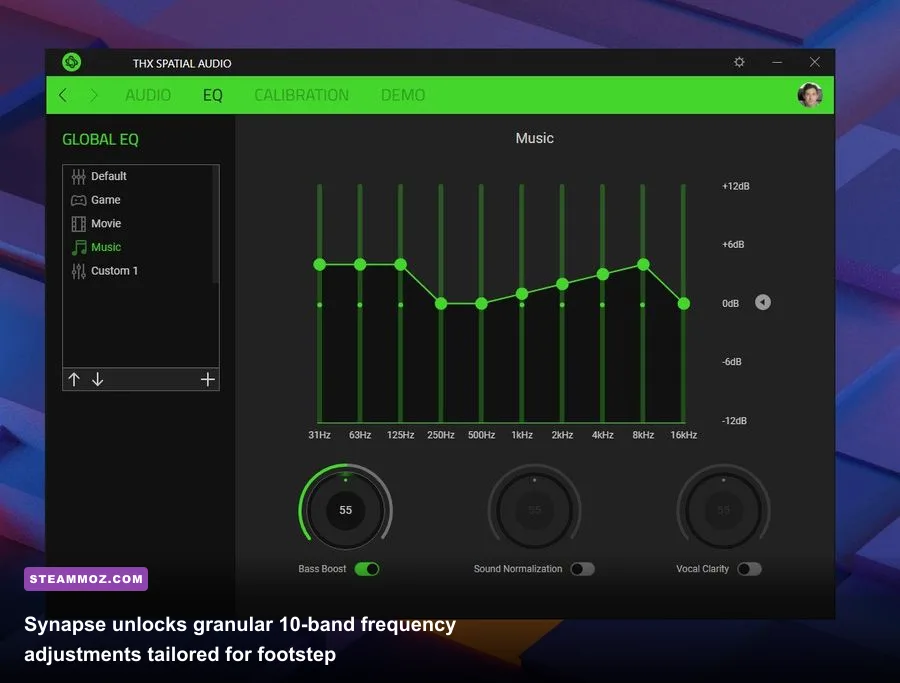 Razer Synapse software interface displaying custom 10-band EQ settings and THX Spatial Audio tuning