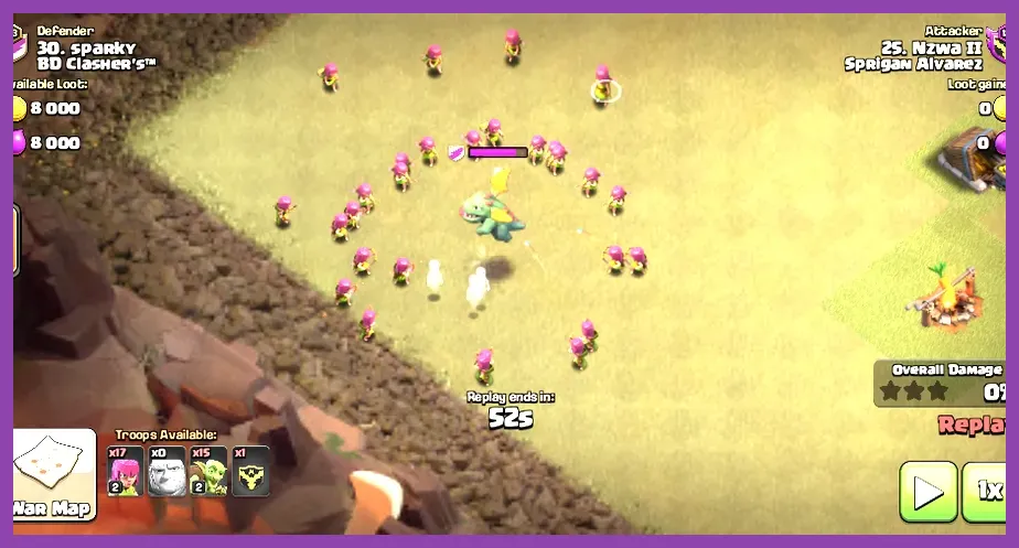 Clash of Clans Clan War attack showing heroes spells and defensive structures