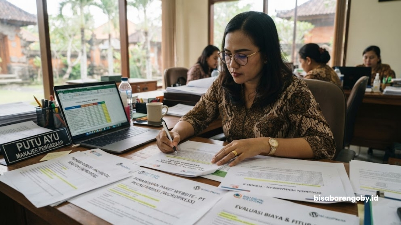 Manajer pengadaan menyeleksi dokumen penawaran saat mengevaluasi paket website company profile untuk perusahaan di Bali berbasis WordPress