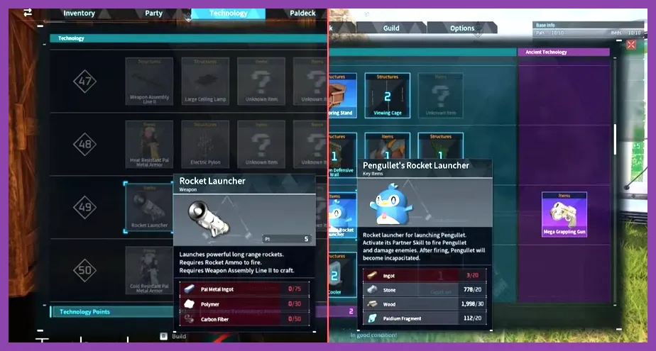 Player inventory menu in Palworld showing combat stats and endgame high-tier gear.