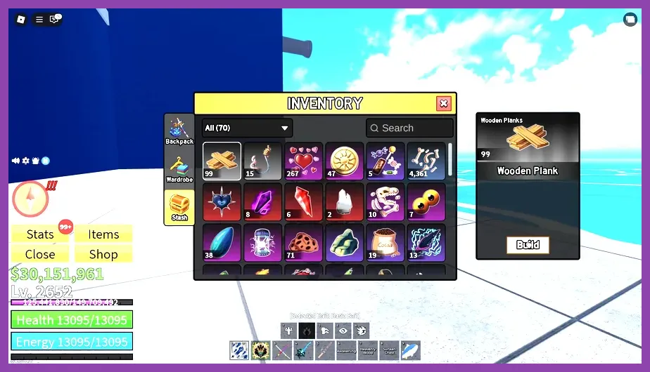 Inventory screen displaying S-Tier crafting materials like Dark Fragments and Leviathan Scales in Roblox