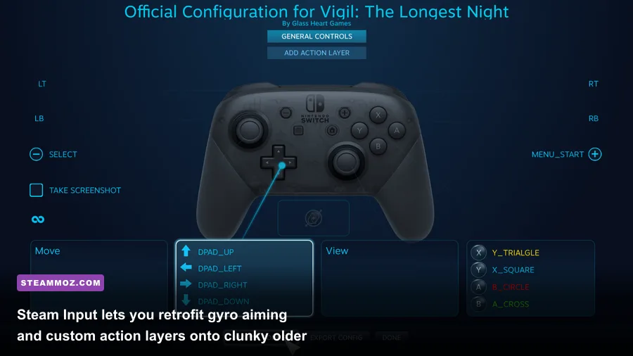 Steam Input custom controller configuration screen with gyro aiming settings