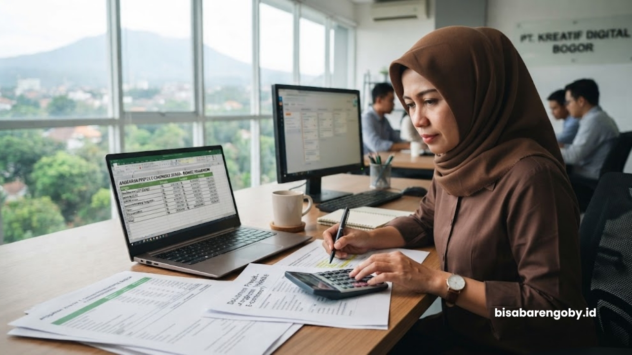 Manajer pengadaan memproyeksikan anggaran saat menghitung biaya website ecommerce untuk perusahaan di Bogor berbasis Django