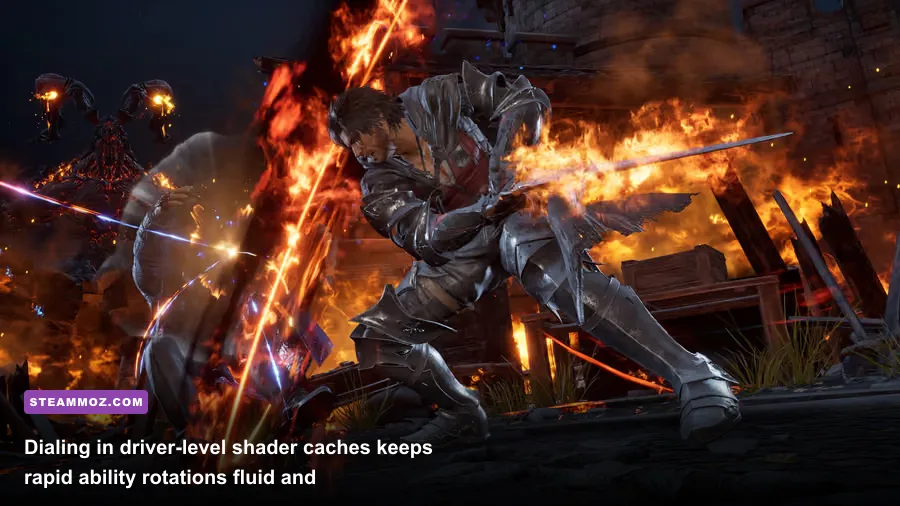 Clive Rosfield swinging his flaming broadsword during an intense combat encounter