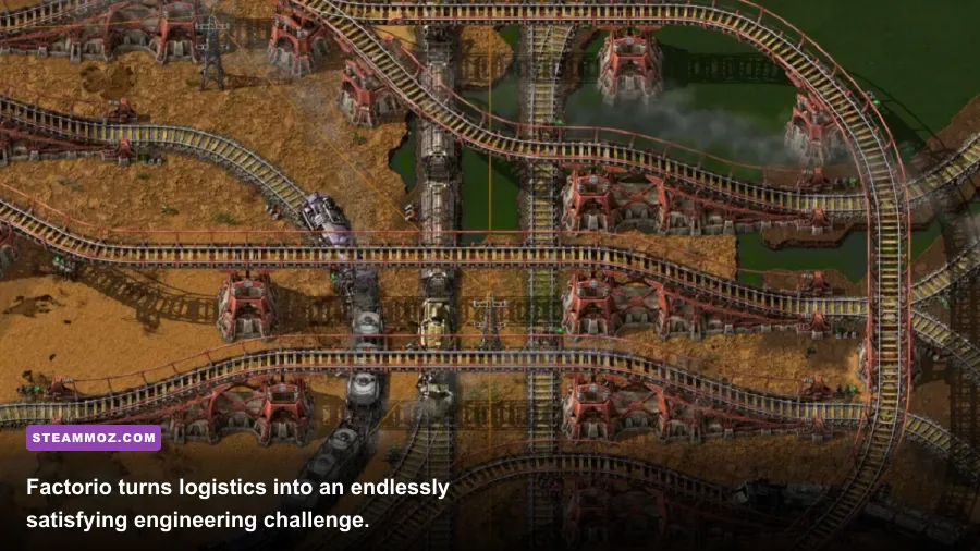A large Factorio automated factory with belts trains and production lines