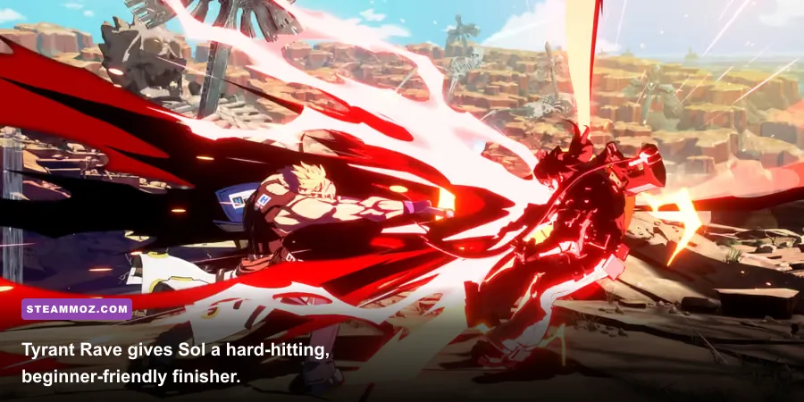 Sol Badguy using Tyrant Rave during a wall break sequence in Guilty Gear Strive