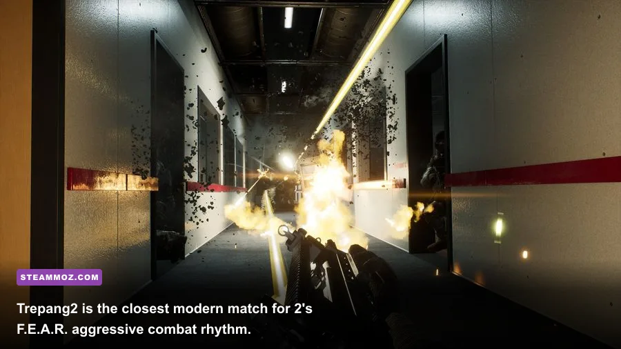 Trepang2 protagonist using Focus slow motion during a shotgun battle in an office corridor