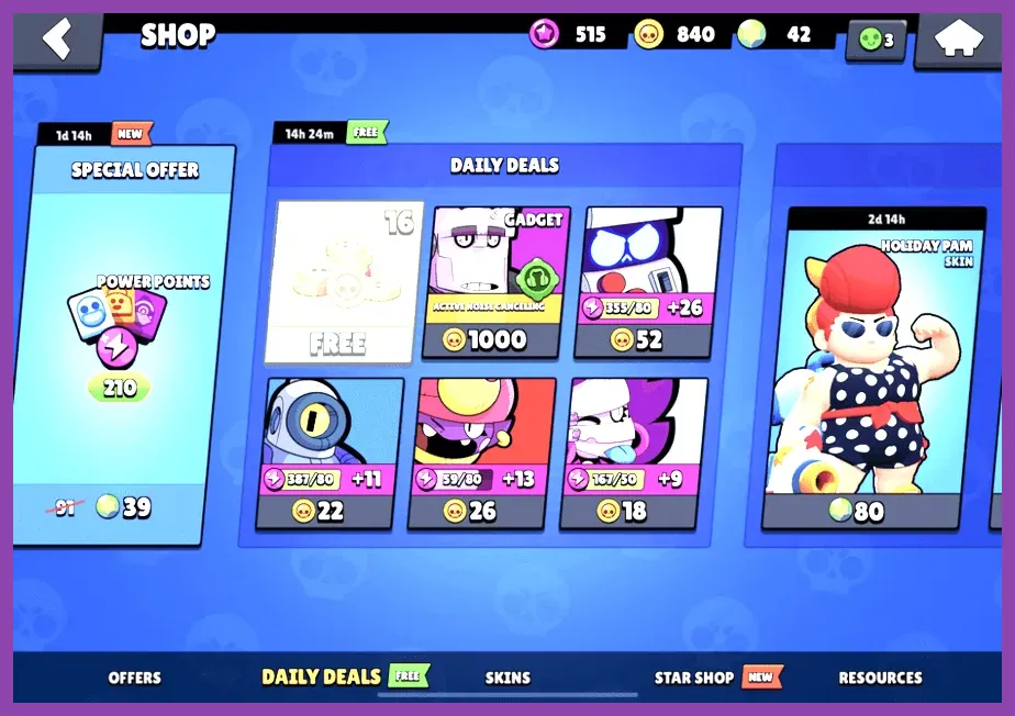 Brawl Stars in-game shop interface showing daily rewards
