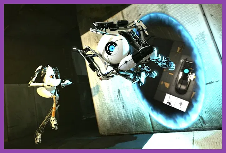 Portal 2 co-op characters Atlas and P-Body in test chamber