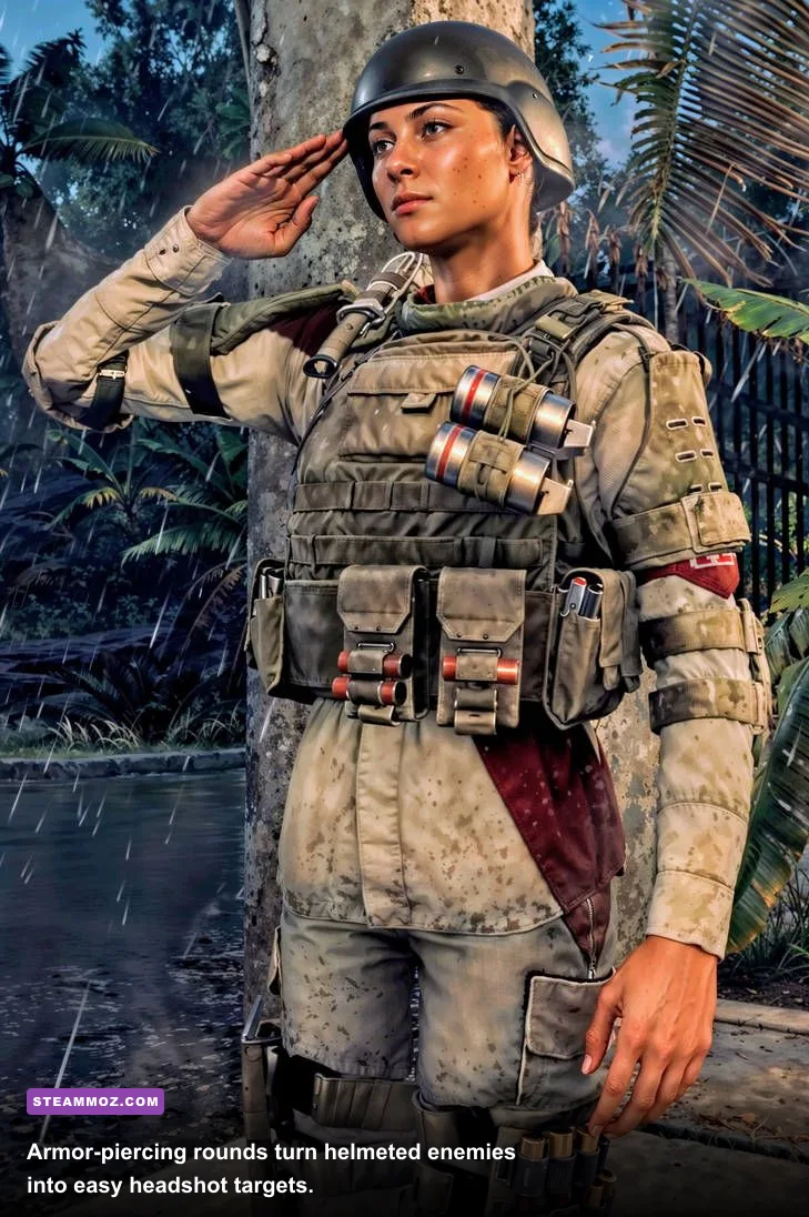 Far Cry 6 gameplay showing Dani using armor piercing ammunition against soldiers