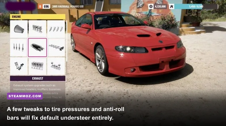 Custom mechanical tuning menu showing differential and suspension settings in Forza Horizon 5
