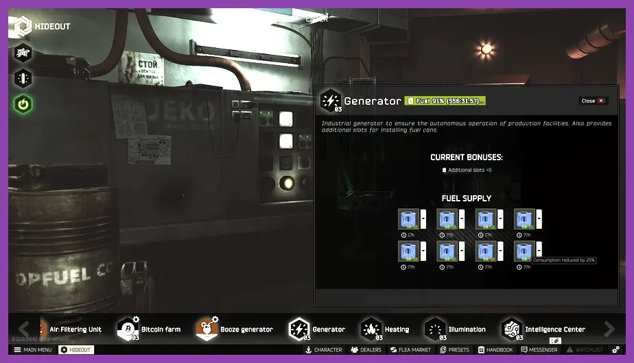 Escape from Tarkov hideout upgrades and crafting station
