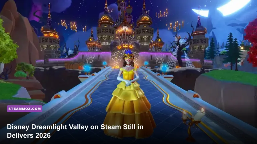 Disney Dreamlight Valley village plaza with the castle and Disney characters